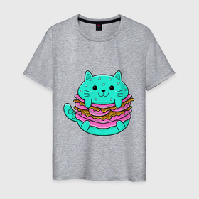 Мужская футболка хлопок с принтом CAT FAST FOOD в Белгороде, 100% хлопок | прямой крой, круглый вырез горловины, длина до линии бедер, слегка спущенное плечо. | бургер | гамбургер | еда | забавный | милый | очаровательный | фаст фуд