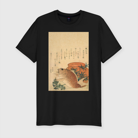 Мужская футболка хлопок Slim с принтом Японская гравюра Карп в Курске, 92% хлопок, 8% лайкра | приталенный силуэт, круглый вырез ворота, длина до линии бедра, короткий рукав | Тематика изображения на принте: вы продаёте рыбов | гравюра | рыба | рыбов | рыбофф | япония | японская графика