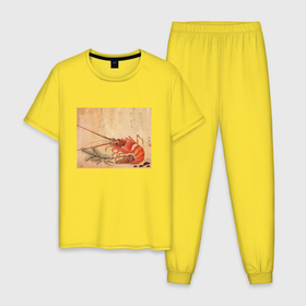 Мужская пижама хлопок с принтом Японская графика Креветка , 100% хлопок | брюки и футболка прямого кроя, без карманов, на брюках мягкая резинка на поясе и по низу штанин
 | Тематика изображения на принте: графика | живопись | животное | креветка | креветки | море | рыбы | япония