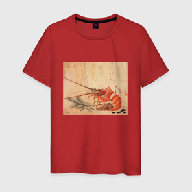 Мужская футболка хлопок с принтом Японская графика Креветка в Курске, 100% хлопок | прямой крой, круглый вырез горловины, длина до линии бедер, слегка спущенное плечо. | Тематика изображения на принте: графика | живопись | животное | креветка | креветки | море | рыбы | япония
