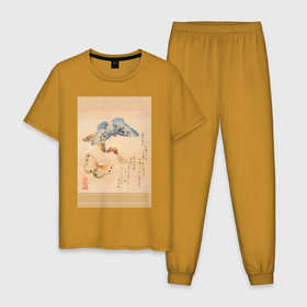 Мужская пижама хлопок с принтом Японская гравюра Бабочки в Белгороде, 100% хлопок | брюки и футболка прямого кроя, без карманов, на брюках мягкая резинка на поясе и по низу штанин
 | бабочки | гравюра | графика | живопись | животные | картинки | рисунок | япония