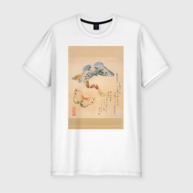 Мужская футболка хлопок Slim с принтом Японская гравюра Бабочки в Кировске, 92% хлопок, 8% лайкра | приталенный силуэт, круглый вырез ворота, длина до линии бедра, короткий рукав | бабочки | гравюра | графика | живопись | животные | картинки | рисунок | япония