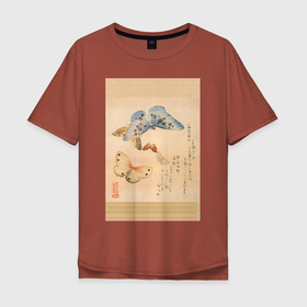 Мужская футболка хлопок Oversize с принтом Японская гравюра Бабочки в Санкт-Петербурге, 100% хлопок | свободный крой, круглый ворот, “спинка” длиннее передней части | Тематика изображения на принте: бабочки | гравюра | графика | живопись | животные | картинки | рисунок | япония