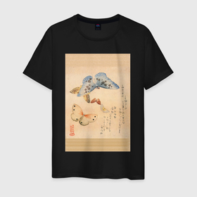 Мужская футболка хлопок с принтом Японская гравюра Бабочки в Петрозаводске, 100% хлопок | прямой крой, круглый вырез горловины, длина до линии бедер, слегка спущенное плечо. | бабочки | гравюра | графика | живопись | животные | картинки | рисунок | япония