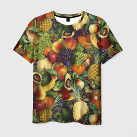 Мужская футболка 3D с принтом Вкусные Летние Фрукты в Тюмени, 100% полиэфир | прямой крой, круглый вырез горловины, длина до линии бедер | bananas | fruits | garnet | pineapples | summer | ананасы | бананы | виноград | вишня | гранат | груши | киви | клубника | лето | сливы | фрукты | яблоки