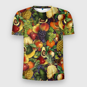 Мужская футболка 3D Slim с принтом Вкусные Летние Фрукты , 100% полиэстер с улучшенными характеристиками | приталенный силуэт, круглая горловина, широкие плечи, сужается к линии бедра | Тематика изображения на принте: bananas | fruits | garnet | pineapples | summer | ананасы | бананы | виноград | вишня | гранат | груши | киви | клубника | лето | сливы | фрукты | яблоки