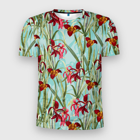 Мужская футболка 3D Slim с принтом Цветы Красные Тигридии в Екатеринбурге, 100% полиэстер с улучшенными характеристиками | приталенный силуэт, круглая горловина, широкие плечи, сужается к линии бедра | flowers | summer | букет | красный | лето | природа | растение | тигридии | флора | цветы