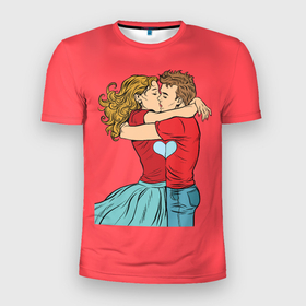 Мужская футболка 3D Slim с принтом COUPLE IN LOVE в Кировске, 100% полиэстер с улучшенными характеристиками | приталенный силуэт, круглая горловина, широкие плечи, сужается к линии бедра | девушка | любовь | мужчина | почелуй | сердце