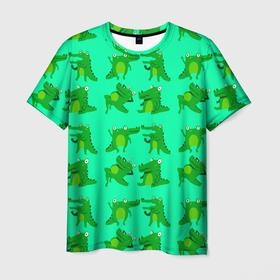 Мужская футболка 3D с принтом FUNNY CROCODILES , 100% полиэфир | прямой крой, круглый вырез горловины, длина до линии бедер | Тематика изображения на принте: аллигатор | дикая природа | животное | забавный | зеленый | крокодил | милый | счастливый