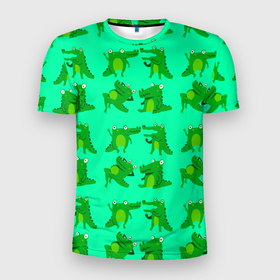 Мужская футболка 3D Slim с принтом FUNNY CROCODILES , 100% полиэстер с улучшенными характеристиками | приталенный силуэт, круглая горловина, широкие плечи, сужается к линии бедра | Тематика изображения на принте: аллигатор | дикая природа | животное | забавный | зеленый | крокодил | милый | счастливый