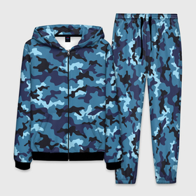 Мужской костюм 3D с принтом Камуфляж Тёмно Синий | Camouflage Dark Blue в Курске, 100% полиэстер | Манжеты и пояс оформлены тканевой резинкой, двухслойный капюшон со шнурком для регулировки, карманы спереди | blue | camo | camouflage | dark | камуфляж | синий | тёмный