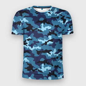 Мужская футболка 3D Slim с принтом Камуфляж Тёмно Синий | Camouflage Dark Blue в Курске, 100% полиэстер с улучшенными характеристиками | приталенный силуэт, круглая горловина, широкие плечи, сужается к линии бедра | blue | camo | camouflage | dark | камуфляж | синий | тёмный