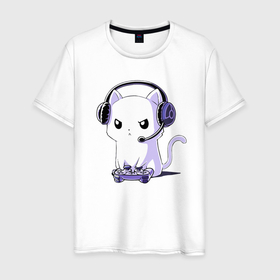 Мужская футболка хлопок с принтом Котёнок игроман   The kitten is a gambler в Санкт-Петербурге, 100% хлопок | прямой крой, круглый вырез горловины, длина до линии бедер, слегка спущенное плечо. | cat | ears | eyes | gambler | headphones | joystick | kitten | microphone | muzzle | paws | tail | глаза | джойстик | игроман | кот | котёнок | кошка | лапы | микрофон | мордочка | наушники | уши | хвост