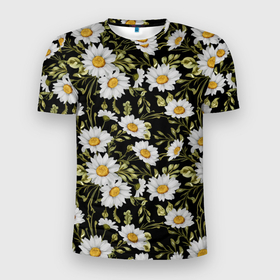 Мужская футболка 3D Slim с принтом Ромашки белые цветы на темном фоне в Новосибирске, 100% полиэстер с улучшенными характеристиками | приталенный силуэт, круглая горловина, широкие плечи, сужается к линии бедра | chamomiles | белые цветы | ботаника | природа | ромашка | ромашки | ромашковый | цветочный | цветы