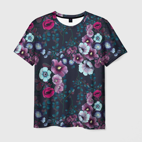 Мужская футболка 3D с принтом Мрачные цветы на темном фоне в Санкт-Петербурге, 100% полиэфир | прямой крой, круглый вырез горловины, длина до линии бедер | голубые цветы | малиновые цветы | мрачный | разные цветы | растительный | розовые цветы | темный | фиолетовые цветы | цветочный | цветы