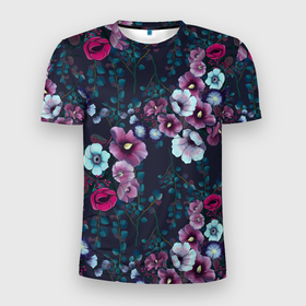 Мужская футболка 3D Slim с принтом Мрачные цветы на темном фоне в Новосибирске, 100% полиэстер с улучшенными характеристиками | приталенный силуэт, круглая горловина, широкие плечи, сужается к линии бедра | голубые цветы | малиновые цветы | мрачный | разные цветы | растительный | розовые цветы | темный | фиолетовые цветы | цветочный | цветы