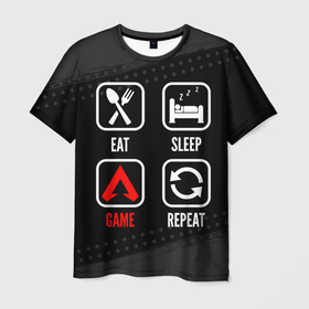 Мужская футболка 3D с принтом Eat, Sleep, Apex Legends, Repeat , 100% полиэфир | прямой крой, круглый вырез горловины, длина до линии бедер | Тематика изображения на принте: apex | apex legends | eat sleep repeat | legends | logo | апекс | игра | игры | краска | легент | лого | логотип | символ