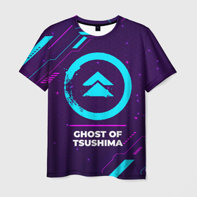 Мужская футболка 3D с принтом Символ Ghost of Tsushima в неоновых цветах на темном фоне в Тюмени, 100% полиэфир | прямой крой, круглый вырез горловины, длина до линии бедер | ghost | ghost of tsushima | logo | neon | paint | tsushima | брызги | гост | игра | игры | краска | лого | логотип | неон | призрак | символ | цусима | цусимы