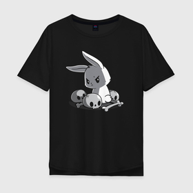 Мужская футболка хлопок Oversize с принтом Кролик среди черепов   A rabbit among skulls в Курске, 100% хлопок | свободный крой, круглый ворот, “спинка” длиннее передней части | Тематика изображения на принте: bones | ears | hare | muzzle | rabbit | skull | tail | заяц | кости | кролик | мордочка | уши | хвост | череп