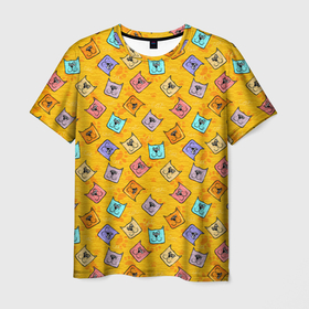 Мужская футболка 3D с принтом Цветные котики и лапки в Тюмени, 100% полиэфир | прямой крой, круглый вырез горловины, длина до линии бедер | cat | cats | киски | кот | котики | коты