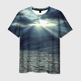 Мужская футболка 3D с принтом Трещины на земле (пустыня) в Кировске, 100% полиэфир | прямой крой, круглый вырез горловины, длина до линии бедер | горы | жара | земля | небо | облака | пустыня | трещины