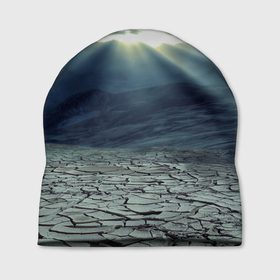 Шапка 3D с принтом Трещины на земле (пустыня) в Курске, 100% полиэстер | универсальный размер, печать по всей поверхности изделия | Тематика изображения на принте: горы | жара | земля | небо | облака | пустыня | трещины