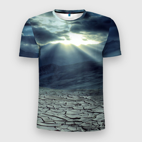 Мужская футболка 3D Slim с принтом Трещины на земле (пустыня) в Курске, 100% полиэстер с улучшенными характеристиками | приталенный силуэт, круглая горловина, широкие плечи, сужается к линии бедра | Тематика изображения на принте: горы | жара | земля | небо | облака | пустыня | трещины