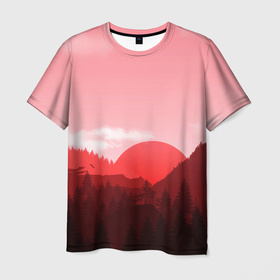 Мужская футболка 3D с принтом Закат в горах (в розовых тонах) в Екатеринбурге, 100% полиэфир | прямой крой, круглый вырез горловины, длина до линии бедер | forest | mountains | sun | абстракция | горы | закат | лес | небо | облака | солнце