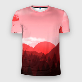 Мужская футболка 3D Slim с принтом Закат в горах (в розовых тонах) в Новосибирске, 100% полиэстер с улучшенными характеристиками | приталенный силуэт, круглая горловина, широкие плечи, сужается к линии бедра | forest | mountains | sun | абстракция | горы | закат | лес | небо | облака | солнце