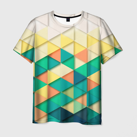 Мужская футболка 3D с принтом Цветные объемные треугольники , 100% полиэфир | прямой крой, круглый вырез горловины, длина до линии бедер | геометрия | объемные | полигональный | полигоны | треугольники | цвета | цветные