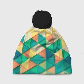 Шапка 3D c помпоном с принтом Цветные объемные треугольники в Курске, 100% полиэстер | универсальный размер, печать по всей поверхности изделия | геометрия | объемные | полигональный | полигоны | треугольники | цвета | цветные
