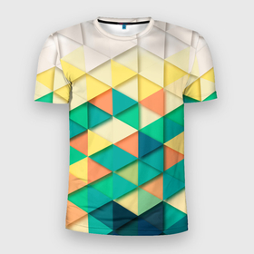 Мужская футболка 3D Slim с принтом Цветные объемные треугольники в Петрозаводске, 100% полиэстер с улучшенными характеристиками | приталенный силуэт, круглая горловина, широкие плечи, сужается к линии бедра | геометрия | объемные | полигональный | полигоны | треугольники | цвета | цветные