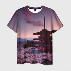 Мужская футболка 3D с принтом Цветение сакуры в Японии в Екатеринбурге, 100% полиэфир | прямой крой, круглый вырез горловины, длина до линии бедер | Тематика изображения на принте: вишня | вулкан | закат | небо | сакура | цветение | япония | японская