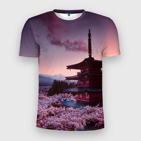 Мужская футболка 3D Slim с принтом Цветение сакуры в Японии в Екатеринбурге, 100% полиэстер с улучшенными характеристиками | приталенный силуэт, круглая горловина, широкие плечи, сужается к линии бедра | Тематика изображения на принте: вишня | вулкан | закат | небо | сакура | цветение | япония | японская