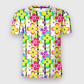 Мужская футболка 3D Slim с принтом Цветочный ретро узор в неоновых тонах в Екатеринбурге, 100% полиэстер с улучшенными характеристиками | приталенный силуэт, круглая горловина, широкие плечи, сужается к линии бедра | flowers | multicolored | neon | strip | неоновый узор | ретро | цветочный паттерн | цветы