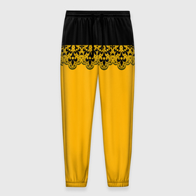 Мужские брюки 3D с принтом Черное кружево на желтом фоне в Санкт-Петербурге, 100% полиэстер | манжеты по низу, эластичный пояс регулируется шнурком, по бокам два кармана без застежек, внутренняя часть кармана из мелкой сетки | black lace | lace | желтый | кружева | черное кружево | черный и желтый