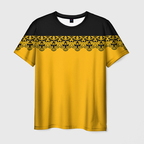 Мужская футболка 3D с принтом Черное кружево на желтом фоне в Новосибирске, 100% полиэфир | прямой крой, круглый вырез горловины, длина до линии бедер | black lace | lace | желтый | кружева | черное кружево | черный и желтый