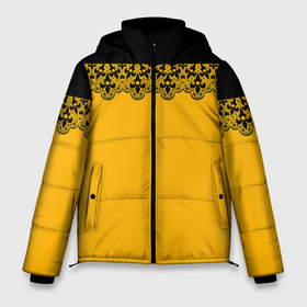 Мужская зимняя куртка 3D с принтом Черное кружево на желтом фоне в Кировске, верх — 100% полиэстер; подкладка — 100% полиэстер; утеплитель — 100% полиэстер | длина ниже бедра, свободный силуэт Оверсайз. Есть воротник-стойка, отстегивающийся капюшон и ветрозащитная планка. 

Боковые карманы с листочкой на кнопках и внутренний карман на молнии. | Тематика изображения на принте: black lace | lace | желтый | кружева | черное кружево | черный и желтый