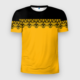 Мужская футболка 3D Slim с принтом Черное кружево на желтом фоне в Новосибирске, 100% полиэстер с улучшенными характеристиками | приталенный силуэт, круглая горловина, широкие плечи, сужается к линии бедра | black lace | lace | желтый | кружева | черное кружево | черный и желтый