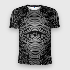 Мужская футболка 3D Slim с принтом Око и магнитные волны в Тюмени, 100% полиэстер с улучшенными характеристиками | приталенный силуэт, круглая горловина, широкие плечи, сужается к линии бедра | всевидящий | гиптноз | глаз | иллюминаты | масоны | массоны | око | от сглаза | посознание | транс