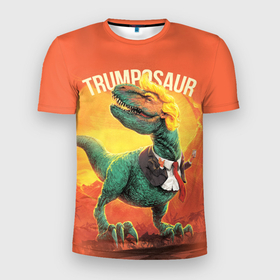 Мужская футболка 3D Slim с принтом Дональд Трамп. Трампозавр в Кировске, 100% полиэстер с улучшенными характеристиками | приталенный силуэт, круглая горловина, широкие плечи, сужается к линии бедра | donald trump | америка | динозавр | дональд трамп | сша