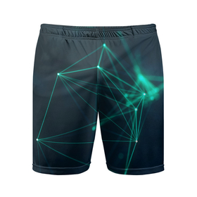 Мужские шорты спортивные с принтом Зеленые абстрактные взаимосвязанные линии (нейроны) ,  |  | абстракция | днк | зеленый | линии | полигон | черный