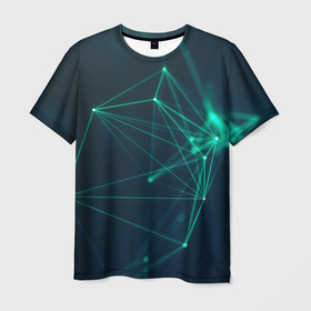 Мужская футболка 3D с принтом Зеленые абстрактные взаимосвязанные линии (нейроны) в Санкт-Петербурге, 100% полиэфир | прямой крой, круглый вырез горловины, длина до линии бедер | абстракция | днк | зеленый | линии | полигон | черный
