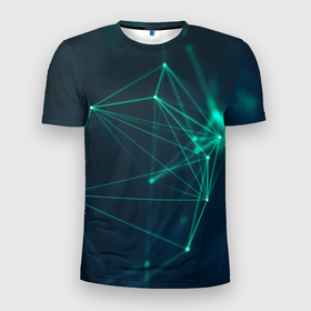 Мужская футболка 3D Slim с принтом Зеленые абстрактные взаимосвязанные линии (нейроны) , 100% полиэстер с улучшенными характеристиками | приталенный силуэт, круглая горловина, широкие плечи, сужается к линии бедра | абстракция | днк | зеленый | линии | полигон | черный