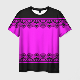 Мужская футболка 3D с принтом Черное кружево на неоновом розовом фоне в Новосибирске, 100% полиэфир | прямой крой, круглый вырез горловины, длина до линии бедер | black lace | lace | neon | ажурный | кружева | неоновый | розовый неоновый | черное кружево