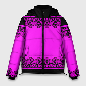 Мужская зимняя куртка 3D с принтом Черное кружево на неоновом розовом фоне в Курске, верх — 100% полиэстер; подкладка — 100% полиэстер; утеплитель — 100% полиэстер | длина ниже бедра, свободный силуэт Оверсайз. Есть воротник-стойка, отстегивающийся капюшон и ветрозащитная планка. 

Боковые карманы с листочкой на кнопках и внутренний карман на молнии. | black lace | lace | neon | ажурный | кружева | неоновый | розовый неоновый | черное кружево