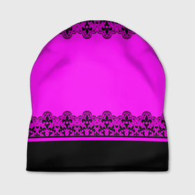 Шапка 3D с принтом Черное кружево на неоновом розовом фоне в Тюмени, 100% полиэстер | универсальный размер, печать по всей поверхности изделия | black lace | lace | neon | ажурный | кружева | неоновый | розовый неоновый | черное кружево