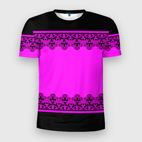 Мужская футболка 3D Slim с принтом Черное кружево на неоновом розовом фоне в Курске, 100% полиэстер с улучшенными характеристиками | приталенный силуэт, круглая горловина, широкие плечи, сужается к линии бедра | black lace | lace | neon | ажурный | кружева | неоновый | розовый неоновый | черное кружево