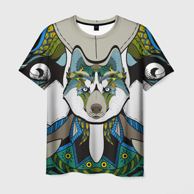 Мужская футболка 3D с принтом Волк и этномир , 100% полиэфир | прямой крой, круглый вырез горловины, длина до линии бедер | волк | голова волка | животное | узор | этника | этномир