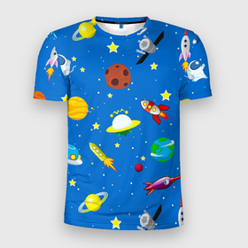 Мужская футболка 3D Slim с принтом SPACE OBJECTS в Курске, 100% полиэстер с улучшенными характеристиками | приталенный силуэт, круглая горловина, широкие плечи, сужается к линии бедра | вселенная | галактика | звезды | космический корабль | летающая тарелка | наука | небо | нло | ночное небо | объекты | планета | созвездие | узор